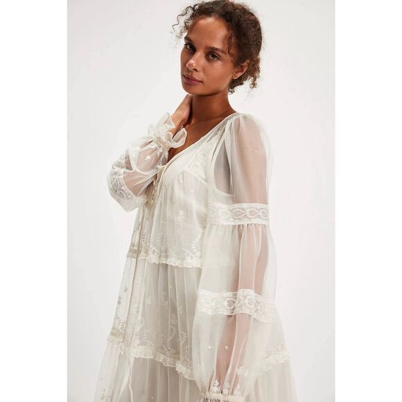 New Free People Stevie Maxi Dress Embroidered Sheer Mesh Ruffled Lined Sz Medium - Picture 4 of 9